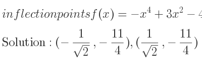 The inflection points of f(x)=-x^4+3x^2-4 are (-1/(sqrt(2)),-11/4),(1/(sqrt(2)),-11/4)